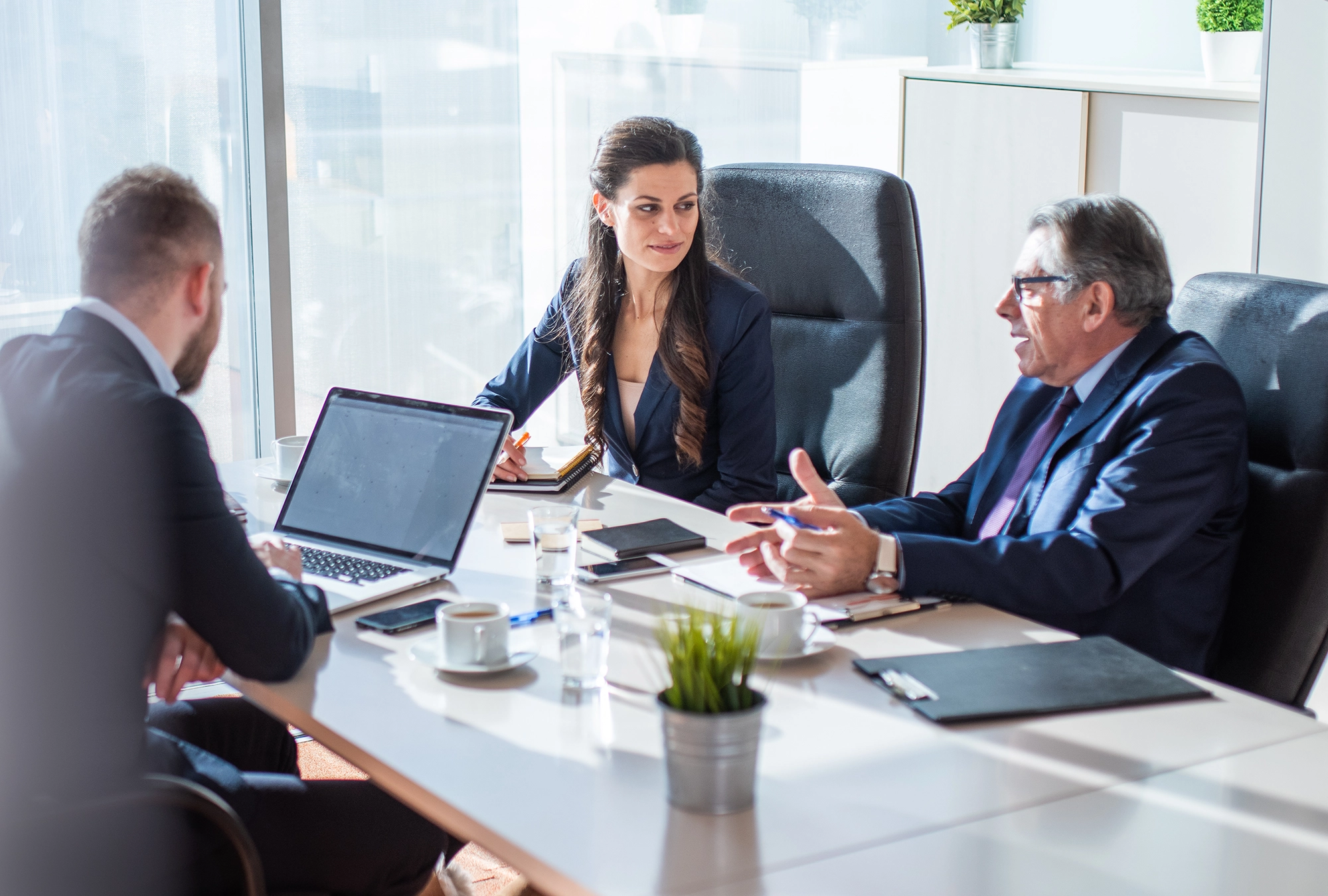 Nonprofit executive talking with wealth advisors in office
