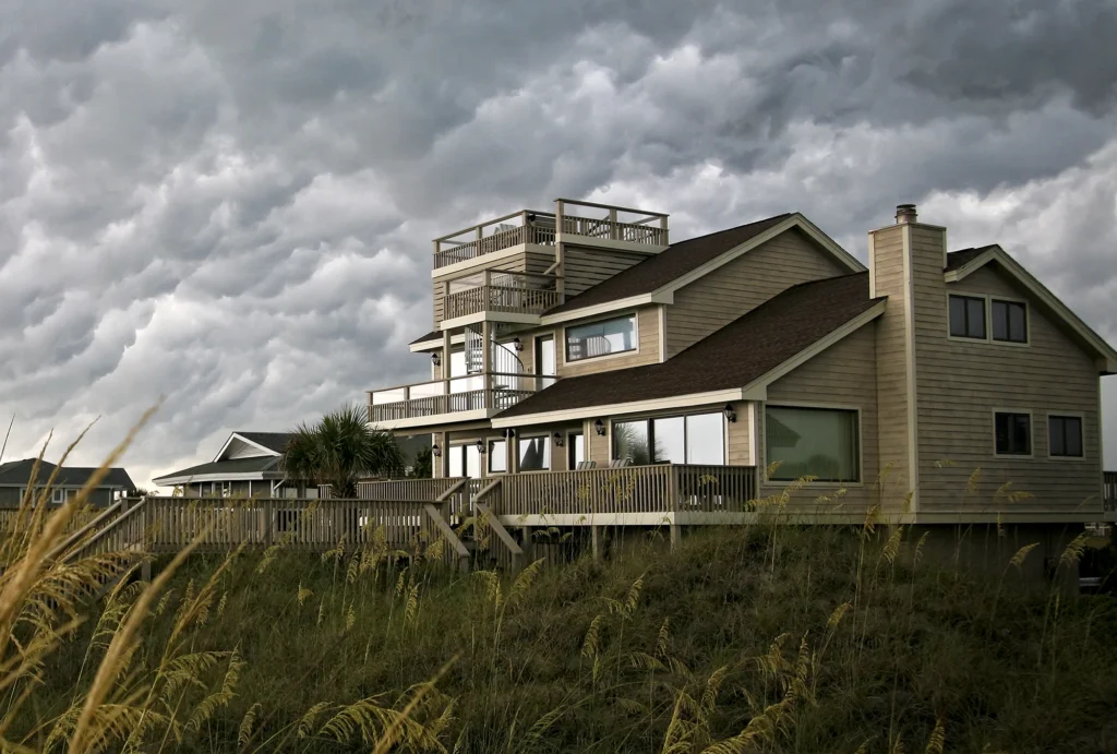 a beach home in stormy weather